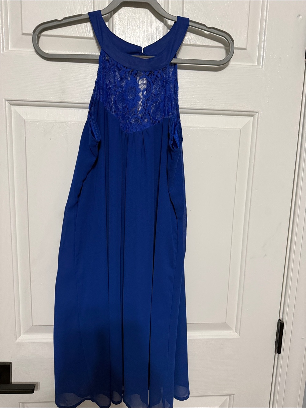 Royal Blue Lace Yoke Halter Formal Dress